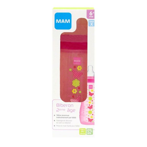 Biberon 2ème âge 6 mois et + 330ml décor rose